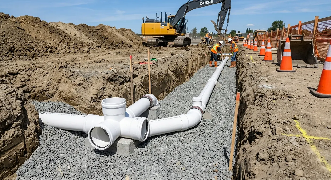 New PVC sewer pipe installation in open trench for Sewer Backup in Maxatawny