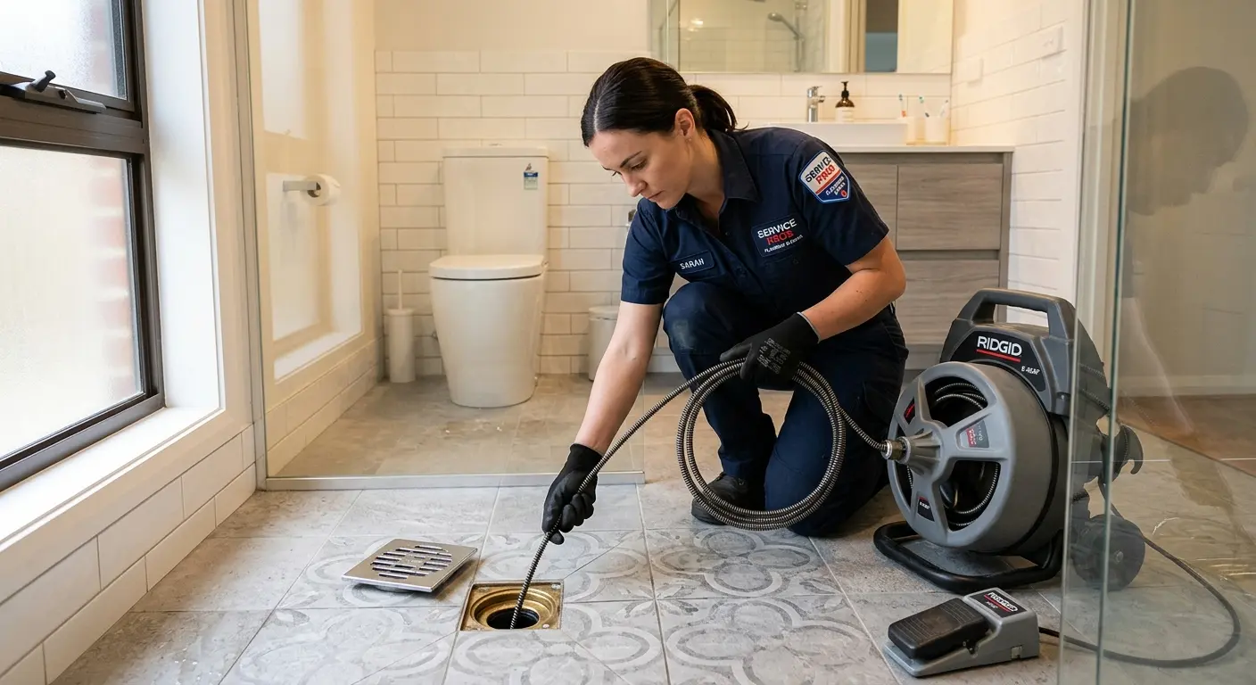 Technician clearing a bathroom floor drain for Drain Cleaning in Maxatawny